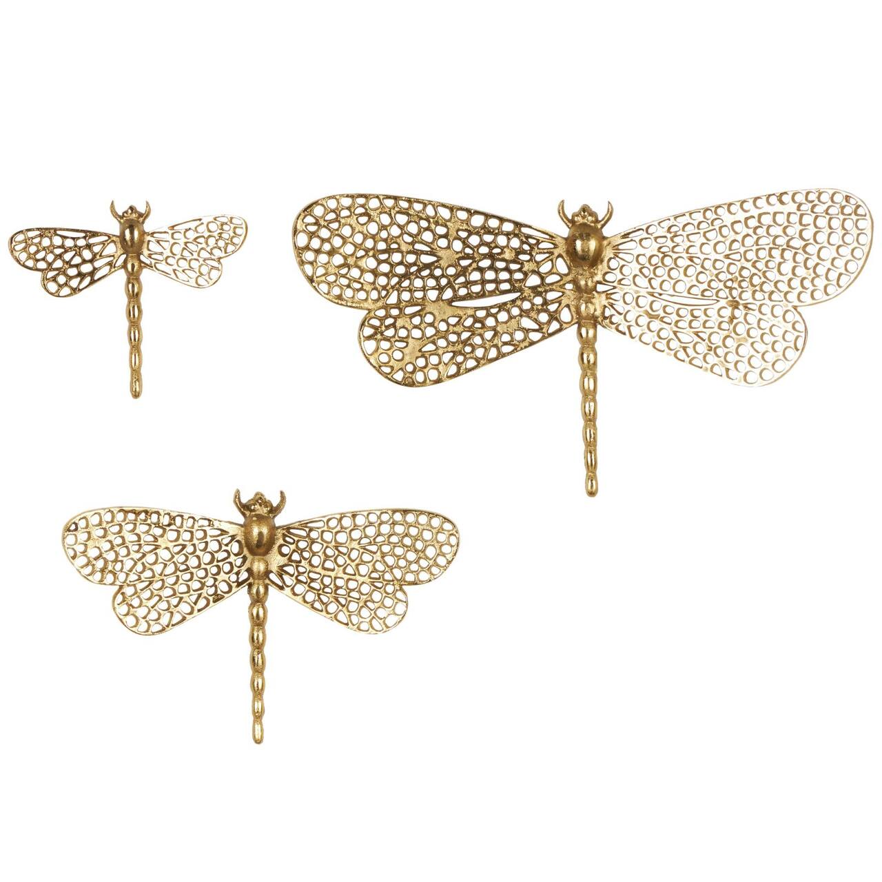 Gold Aluminum Dragonfly Wall Decor with Spotted Cutout Wings, Set of 3